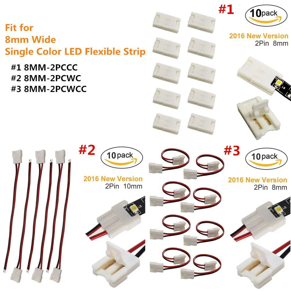 10pcs/Pack New LED Strip Connector Solderless Snap Down 2 Pin Strip to Strip Gapless Jumper for 8mm Wide 3528 2835 Single Color Flex LED Strips