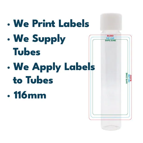 116mm Glass Tube, Printed Sticker, and Application of Sticker Clear or Matte Black Glass Blunt Tube w/ Plastic Black Child Resistant Cap