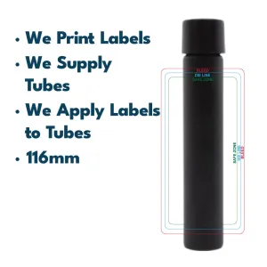 116mm Glass Tube, Printed Sticker, and Application of Sticker Clear or Matte Black Glass Blunt Tube w/ Plastic Black Child Resistant Cap