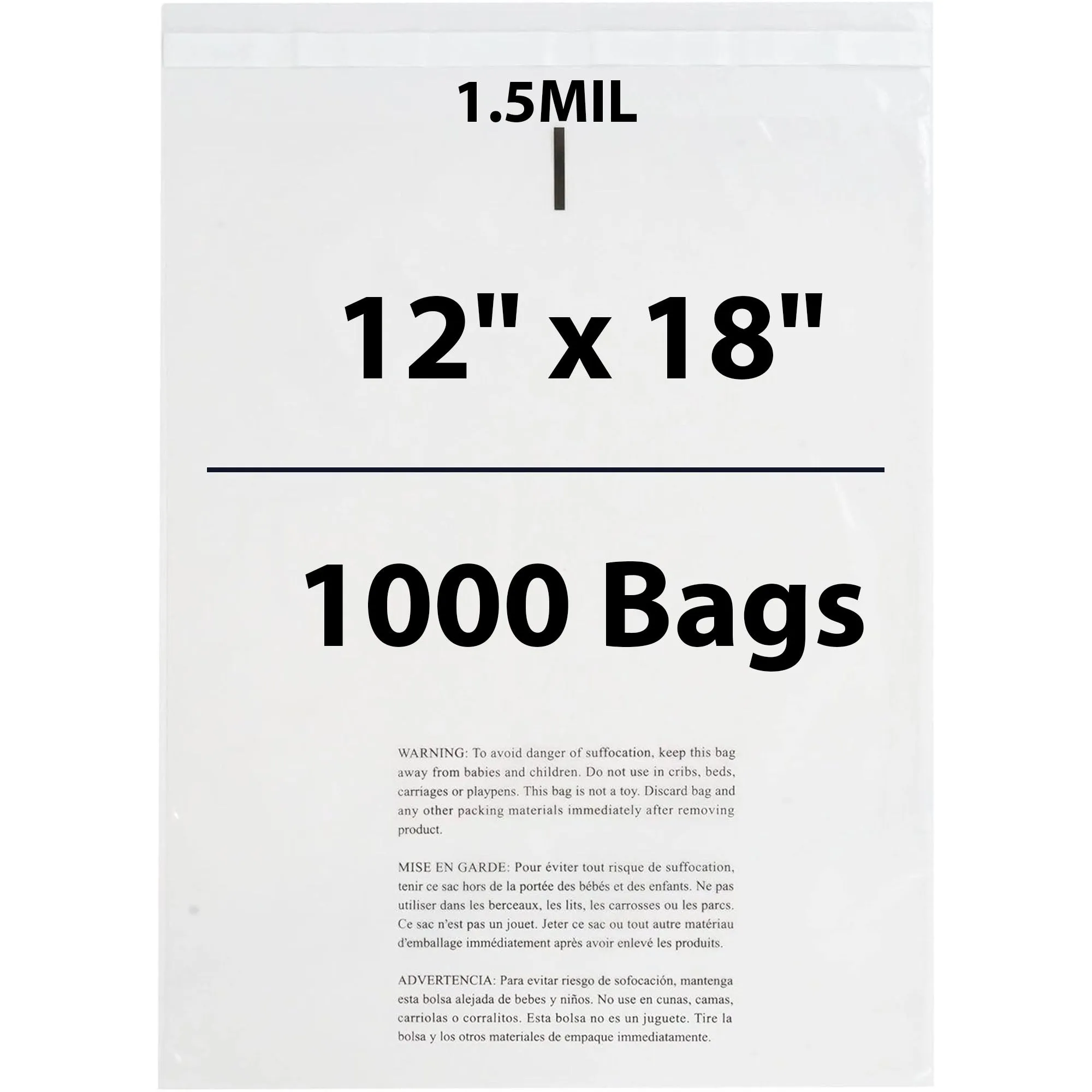 12X18 Inches Poly Bags With Suffocation Warning 1.5 Mil Lip and Tape