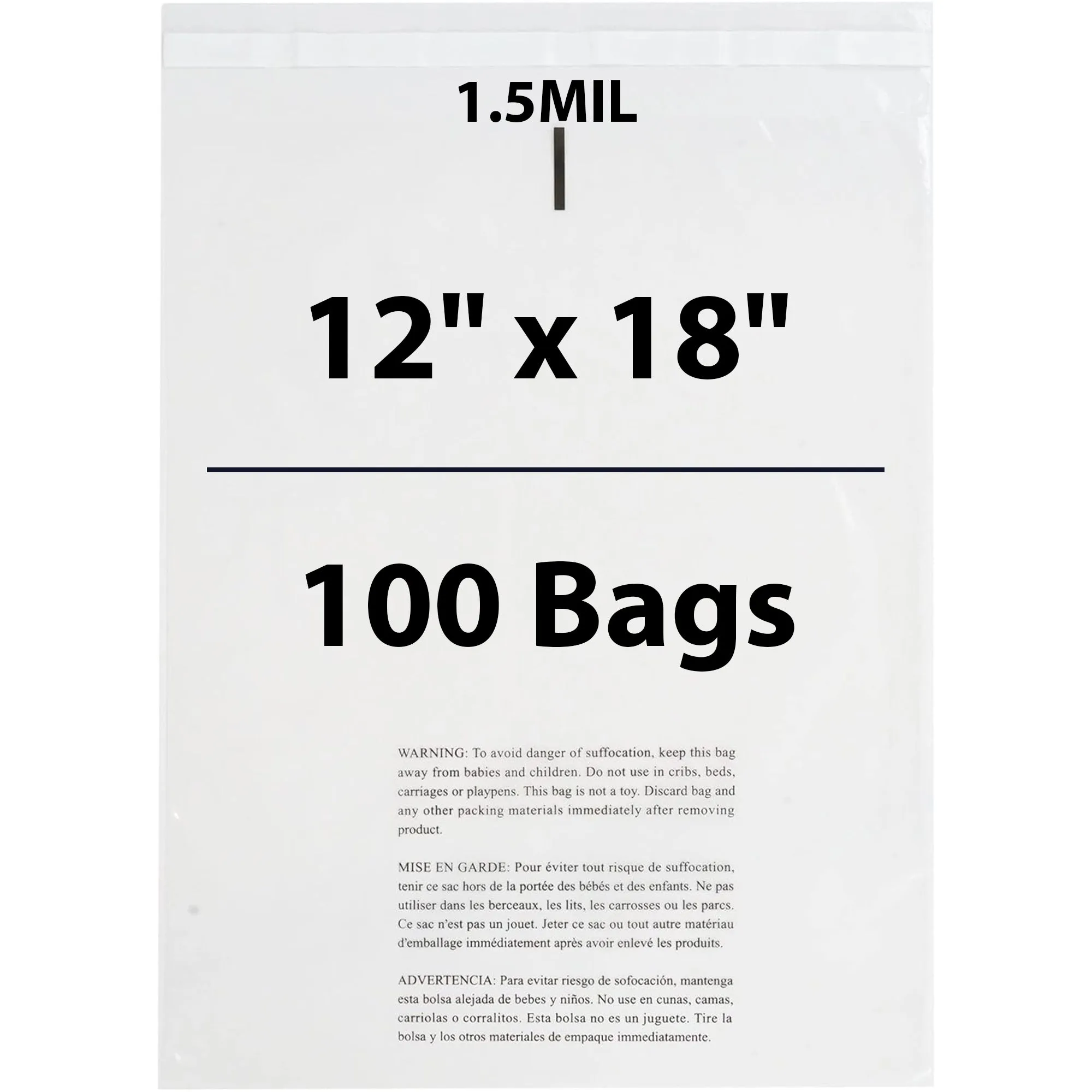 12X18 Inches Poly Bags With Suffocation Warning 1.5 Mil Lip and Tape