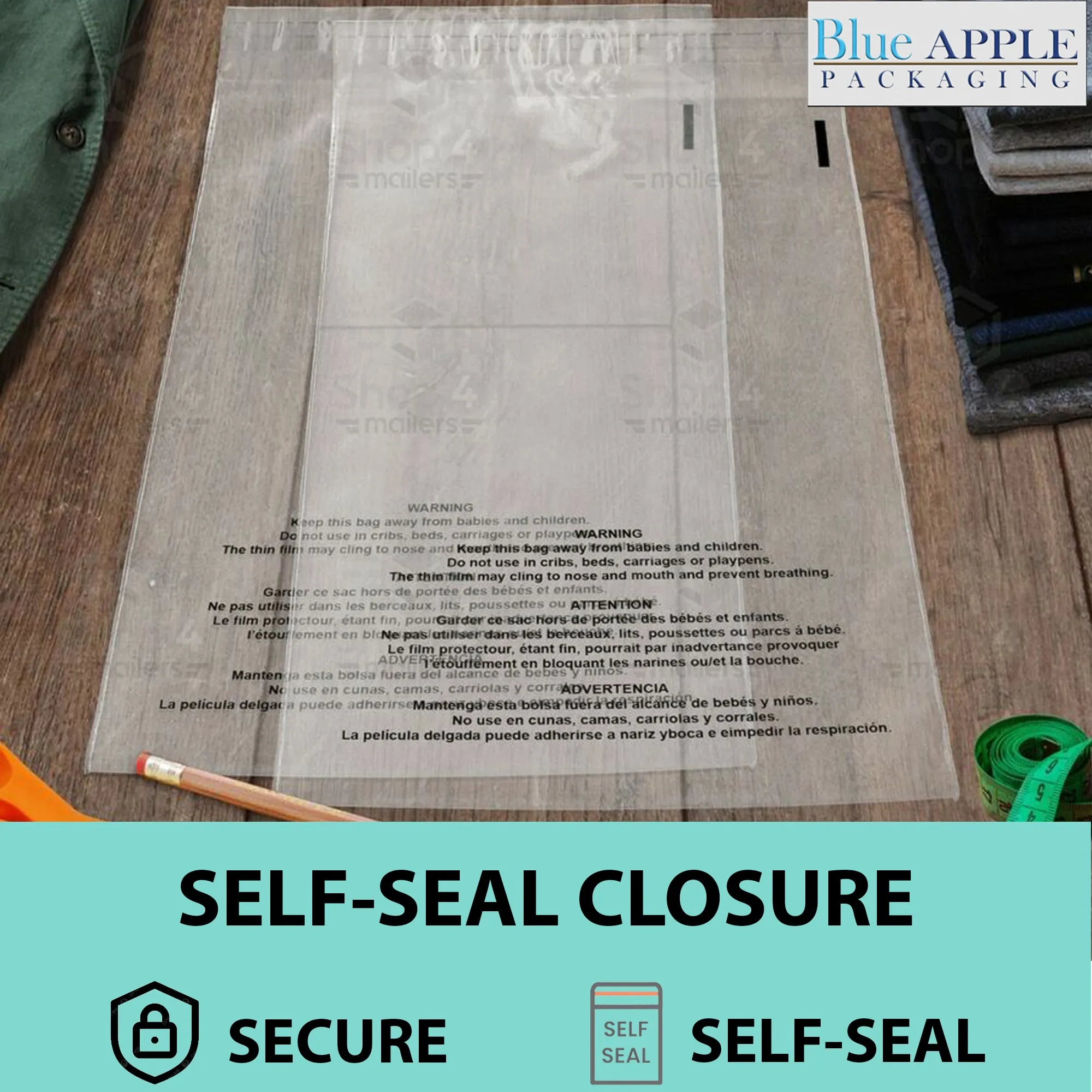 12X18 Inches Poly Bags With Suffocation Warning 1.5 Mil Lip and Tape