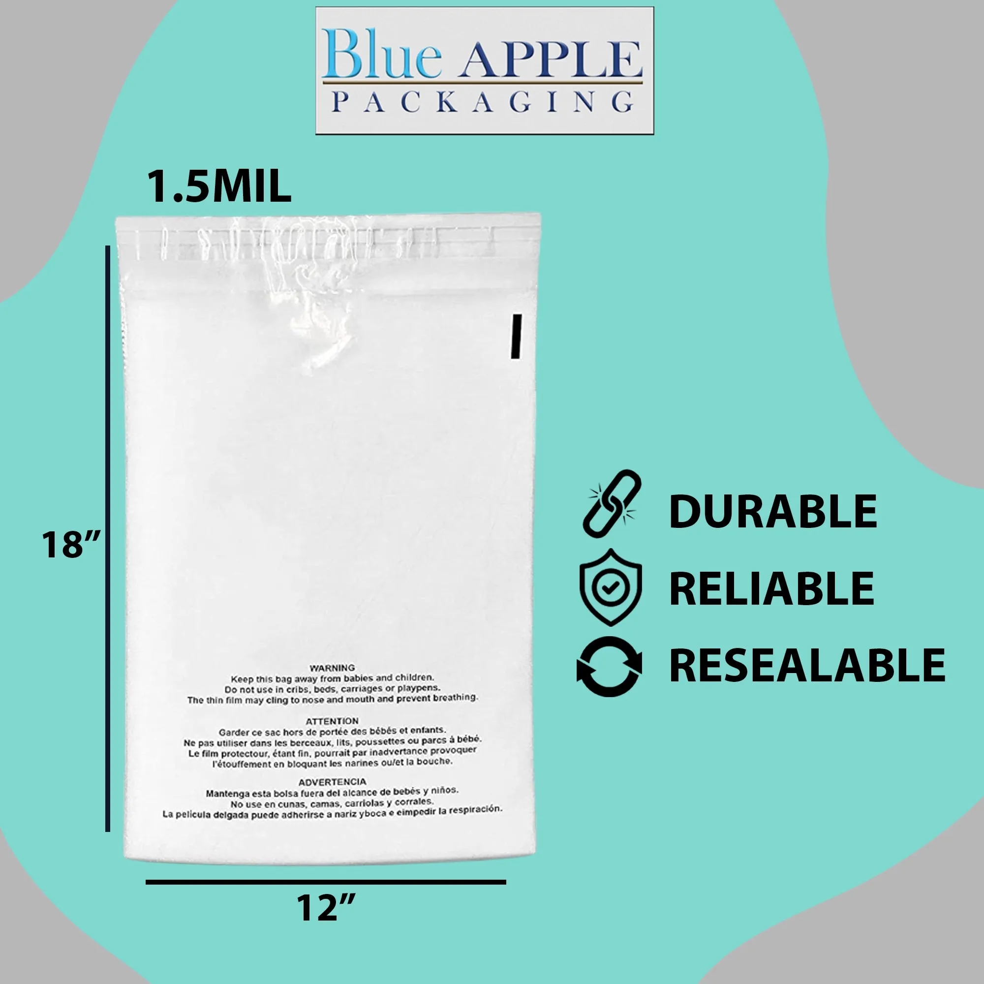 12X18 Inches Poly Bags With Suffocation Warning 1.5 Mil Lip and Tape