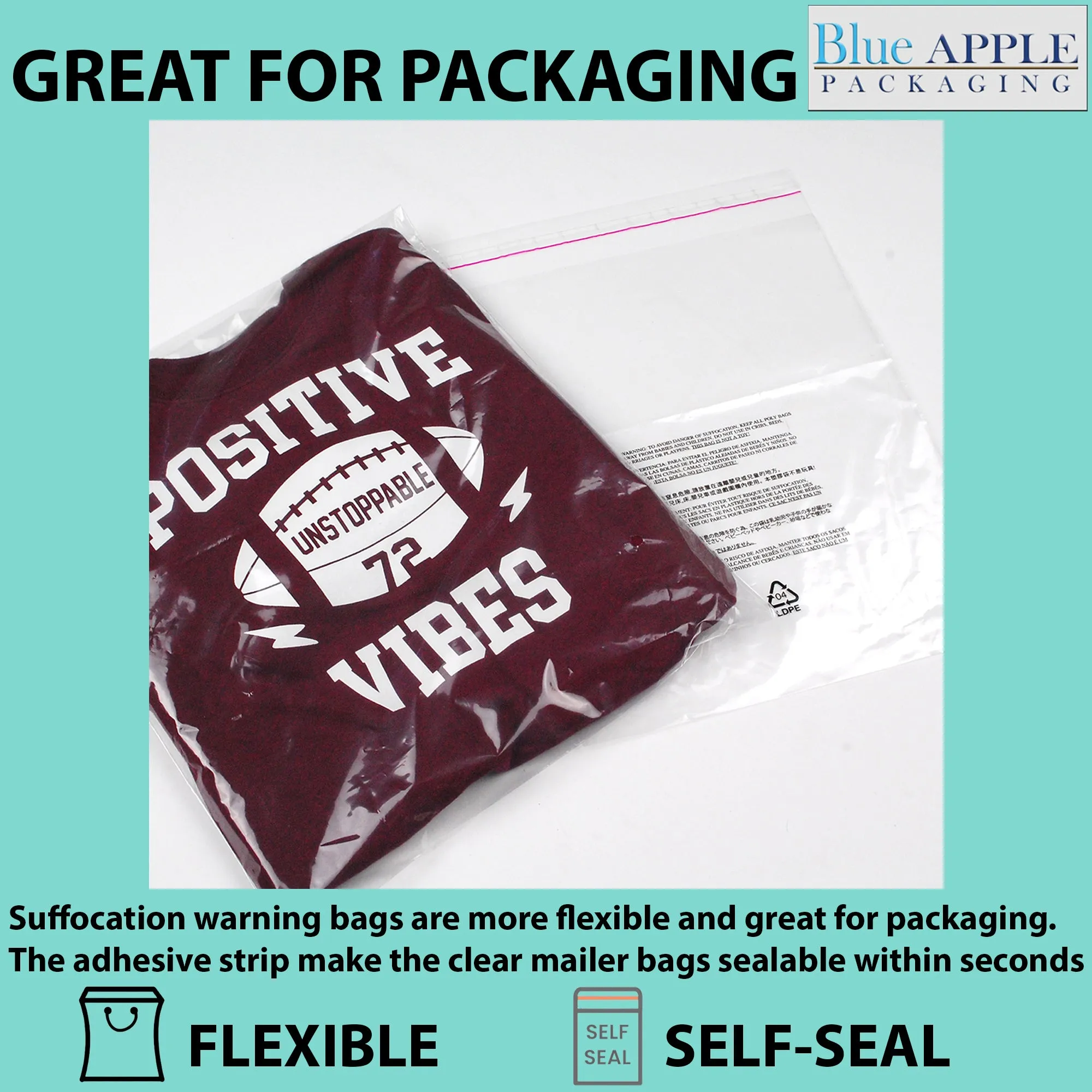 12X18 Inches Poly Bags With Suffocation Warning 1.5 Mil Lip and Tape