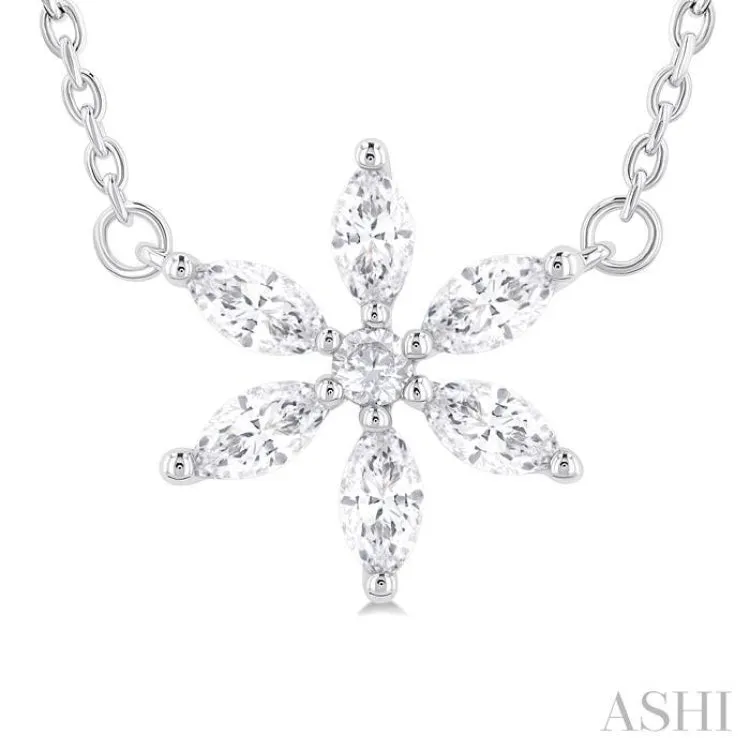 1/3 ctw Floral Motif Marquise and Round Cut Diamond Fashion Pendant With Chain in 14K White Gold