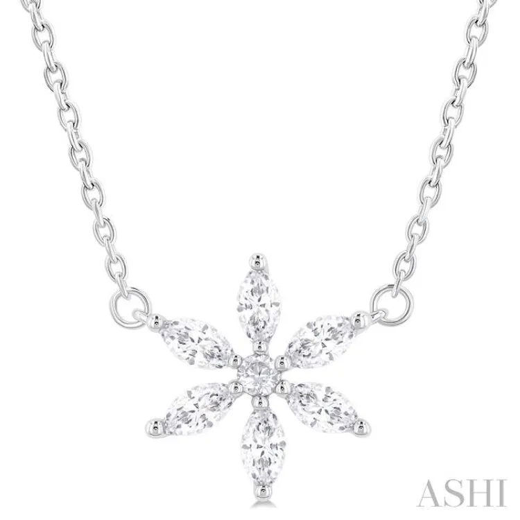 1/3 ctw Floral Motif Marquise and Round Cut Diamond Fashion Pendant With Chain in 14K White Gold