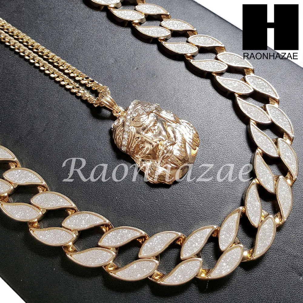 14k Gold PT 2Pac Jesus Face 15mm Cuban 30" Chain/ Concave Necklace S165