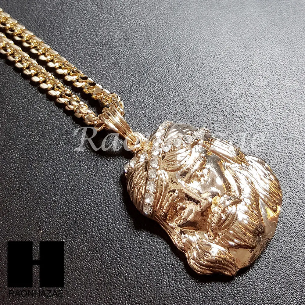 14k Gold PT 2Pac Jesus Face 15mm Cuban 30" Chain/ Concave Necklace S165