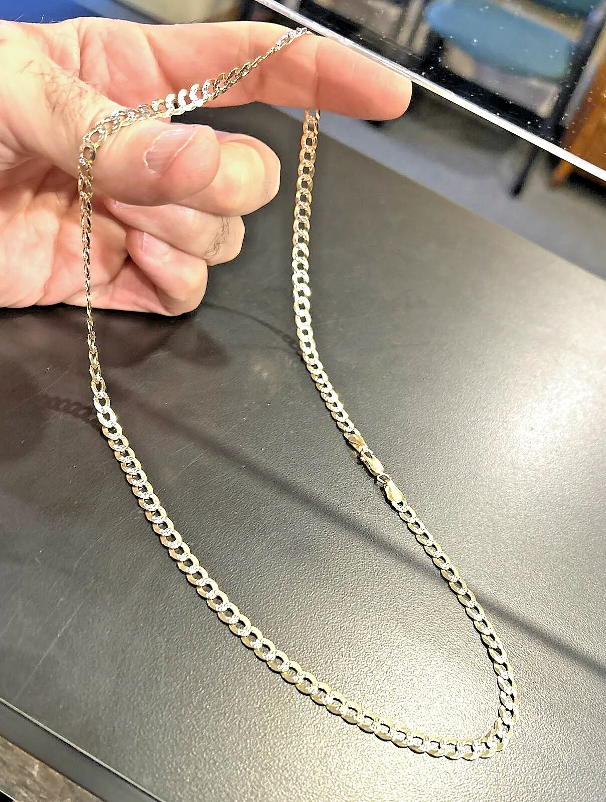 14k Solid GS Curb Link Chain w White 22" Inch, 16.5 grams, 5.6mm