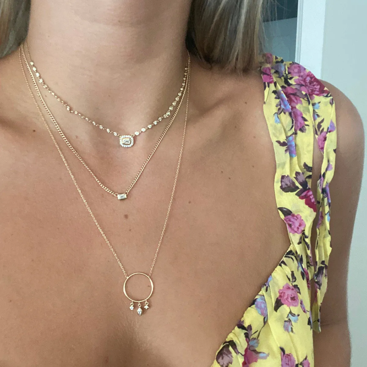 14k XS Curb Chain Emerald Cut Diamond Bezel Necklace