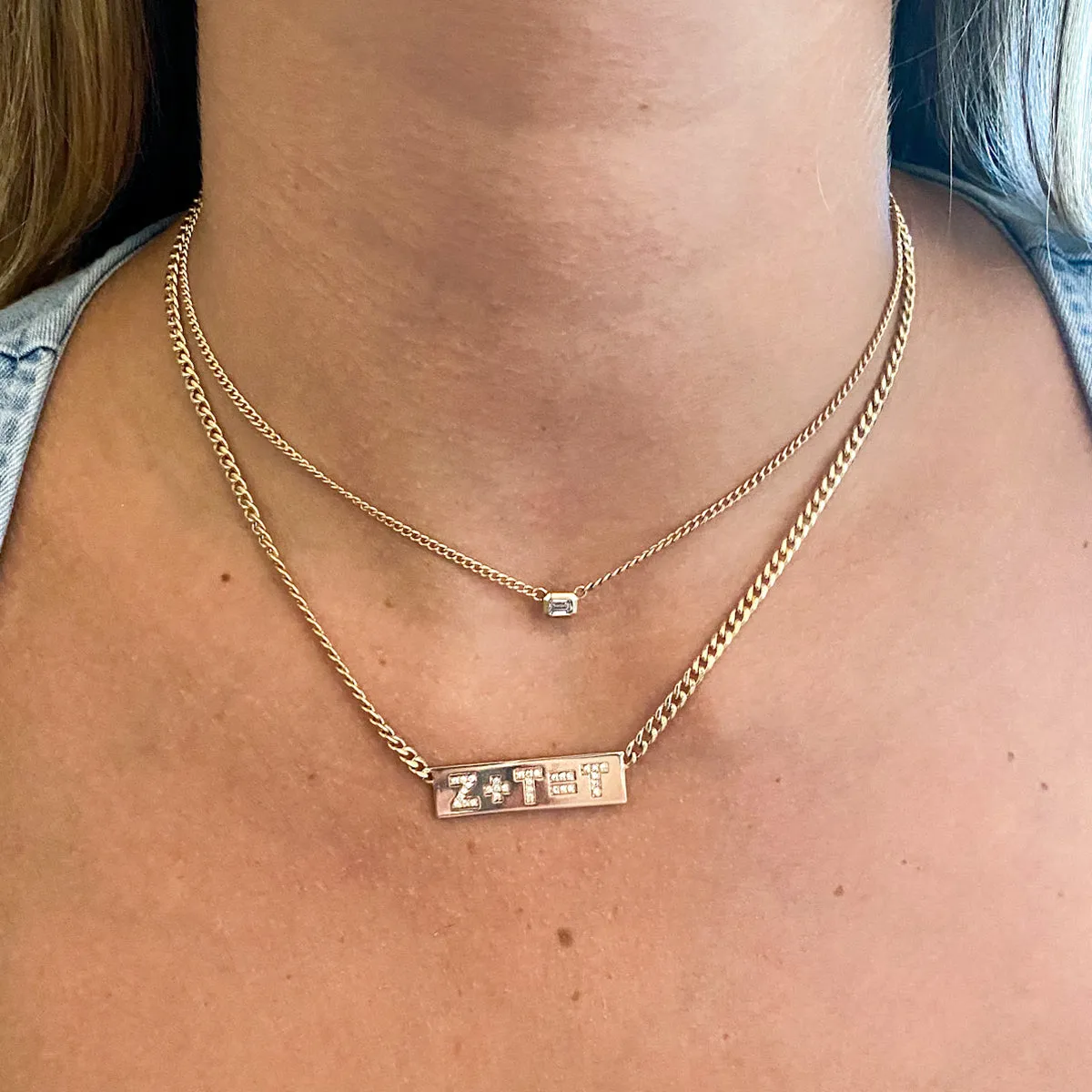 14k XS Curb Chain Emerald Cut Diamond Bezel Necklace