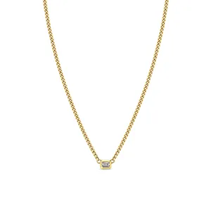 14k XS Curb Chain Emerald Cut Diamond Bezel Necklace