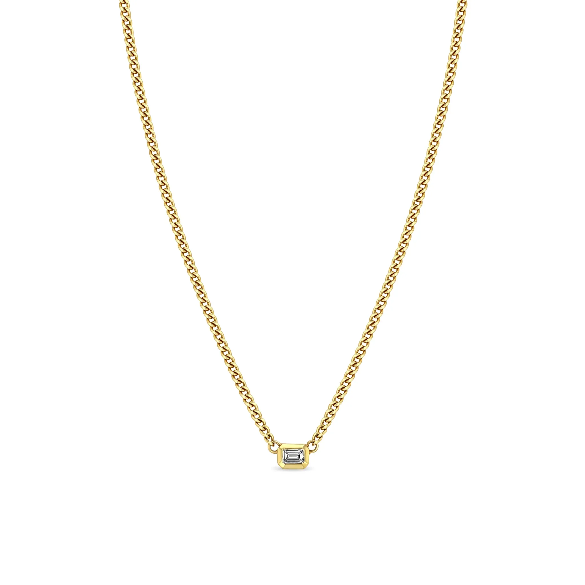 14k XS Curb Chain Emerald Cut Diamond Bezel Necklace