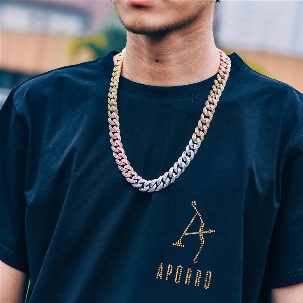15mm Tri-Colored Iced Cuban Link Chain