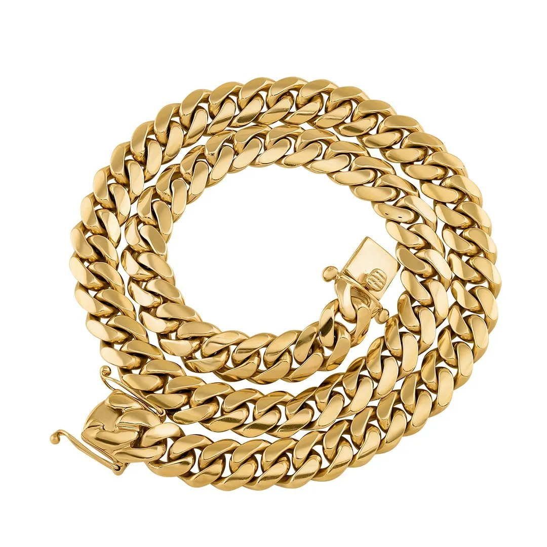 18k Yellow Gold Solid Miami Cuban Link Chain 13 mm