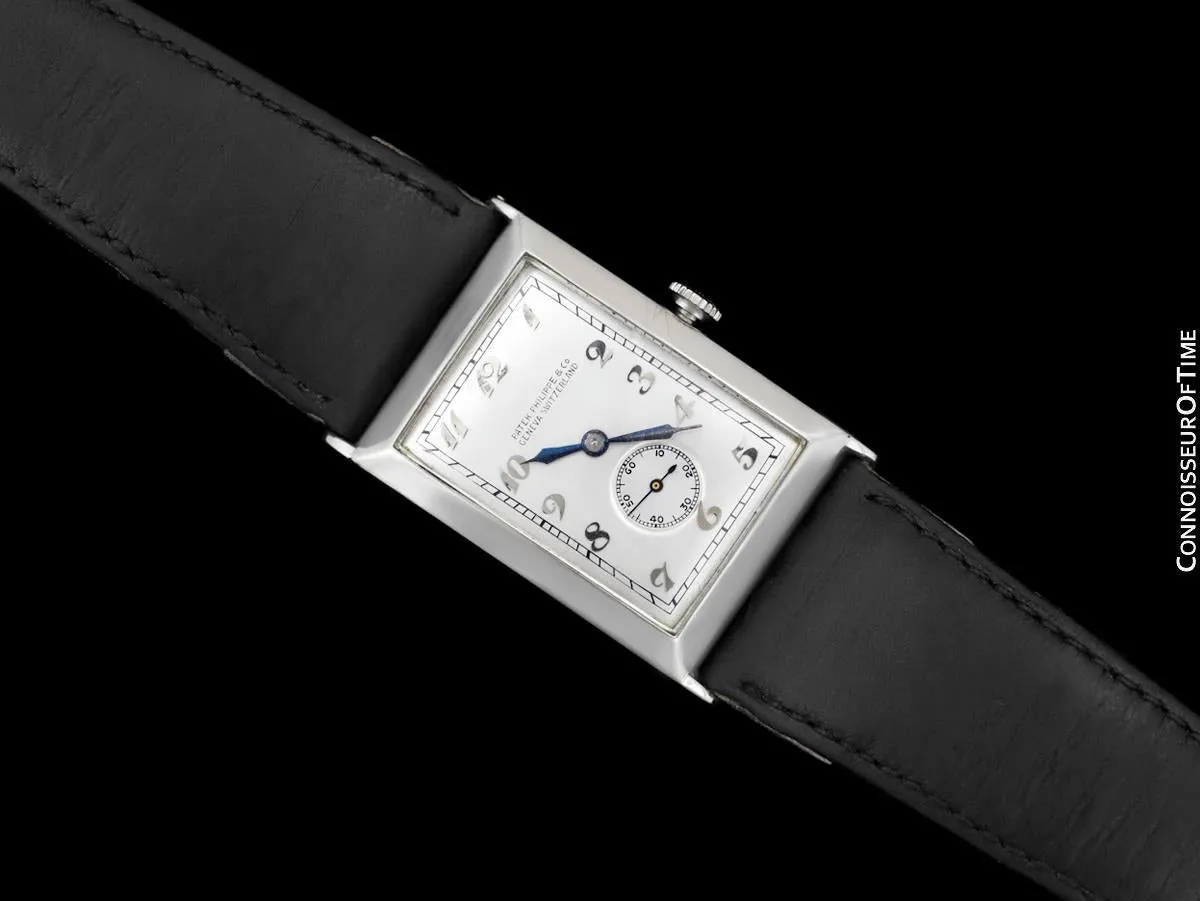 1920's Patek Philippe "Curvex" Vintage Mens Art Deco Rectangular 18K White Gold Watch - Breguet Numerals