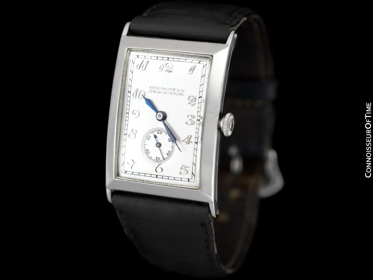 1920's Patek Philippe "Curvex" Vintage Mens Art Deco Rectangular 18K White Gold Watch - Breguet Numerals