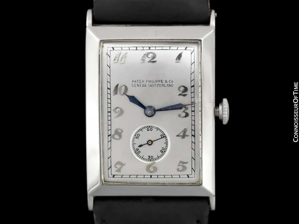 1920's Patek Philippe "Curvex" Vintage Mens Art Deco Rectangular 18K White Gold Watch - Breguet Numerals