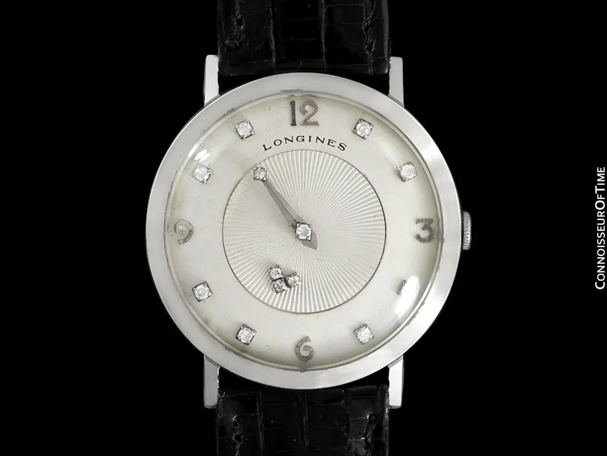 1958 Longines Mystery Dial Vintage Mens Watch - 14K White Gold & Diamonds