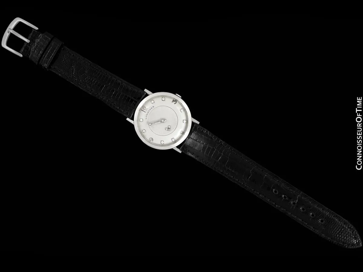 1958 Longines Mystery Dial Vintage Mens Watch - 14K White Gold & Diamonds