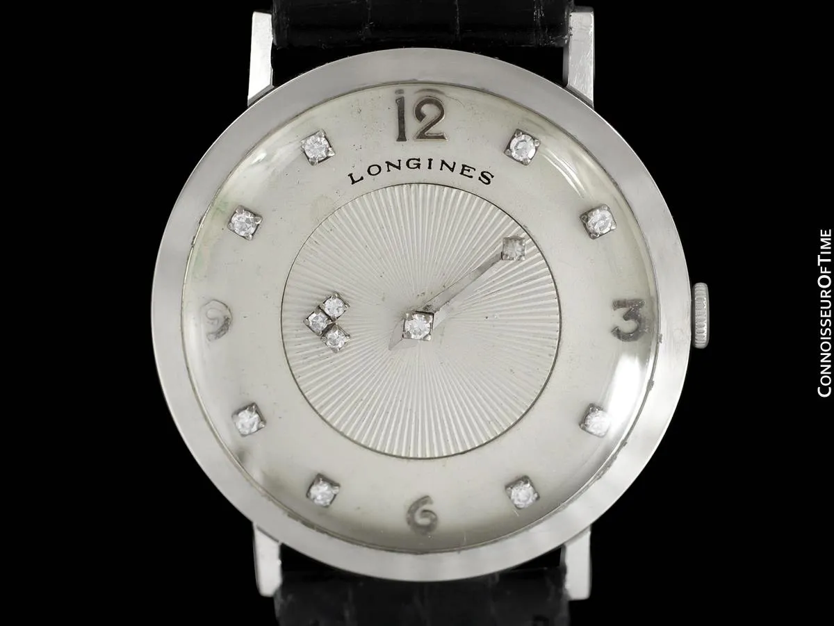 1958 Longines Mystery Dial Vintage Mens Watch - 14K White Gold & Diamonds