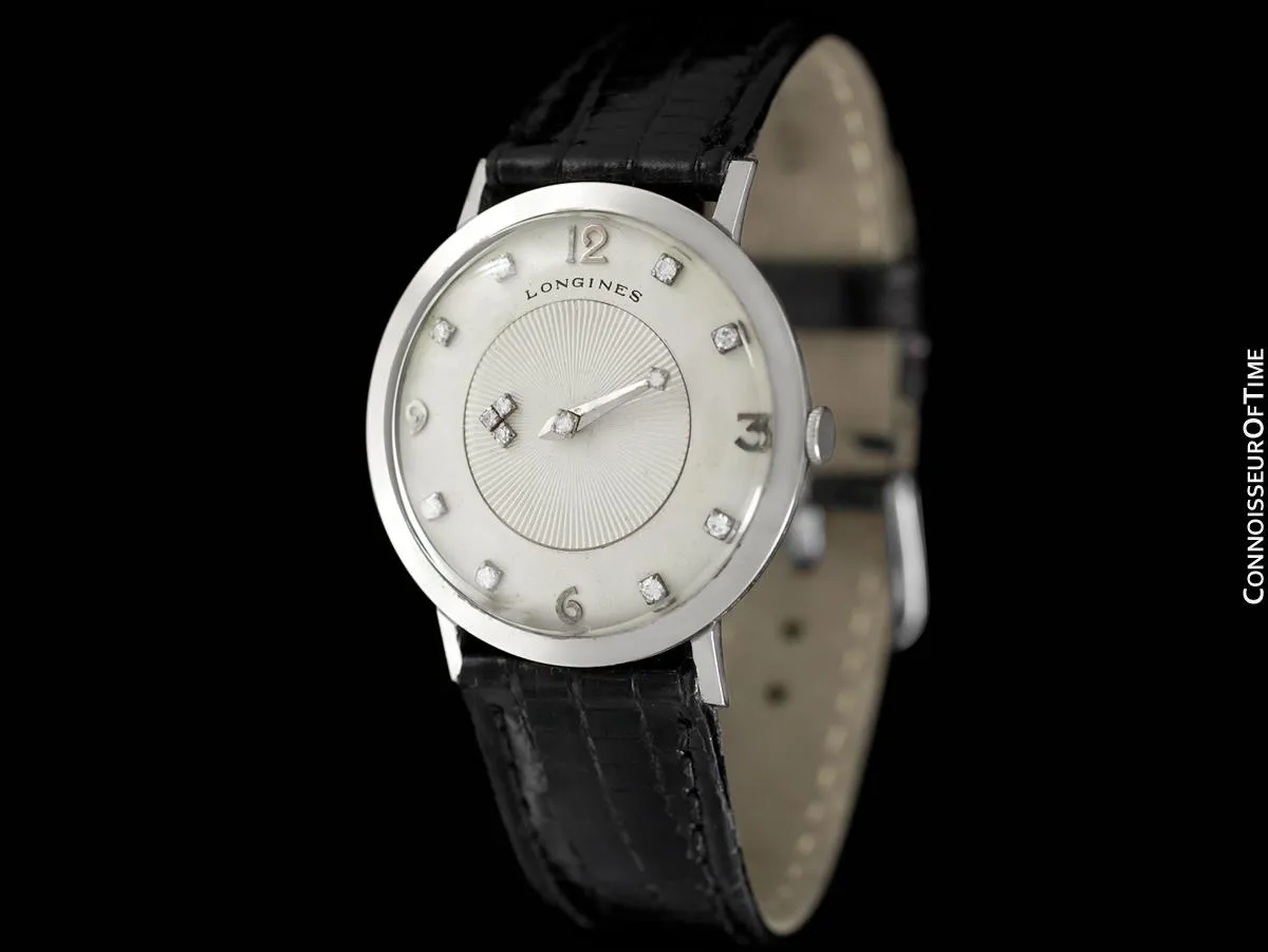 1958 Longines Mystery Dial Vintage Mens Watch - 14K White Gold & Diamonds