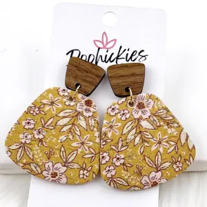 2" Walnut & Mustard Floral Jasmines - Fall Cork Earrings