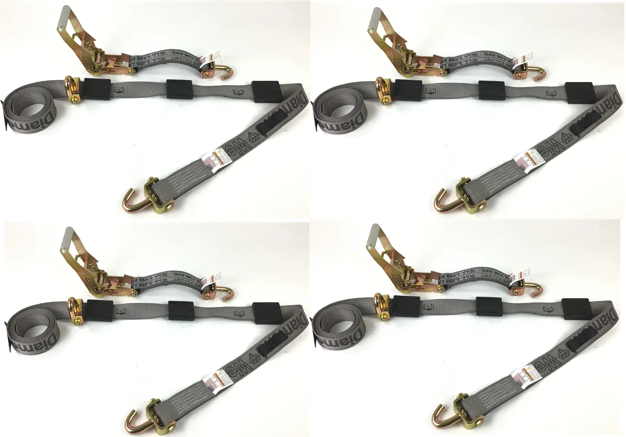 2" x 11' DIAMOND WEAVE 3 Point Ratchet Wheel Strap with 3 Rubber Tread Grabs (Swivel J)(4 Pack)