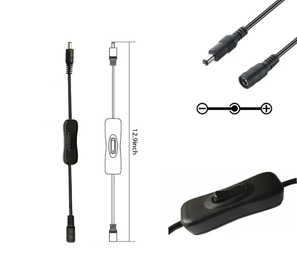 5 Pack of Male to Female DC Power Inline Cable with On Off Switch Jack Connector 5.5x2.1mm for Led Strip Light, CCTV Camera, No Need Soldering