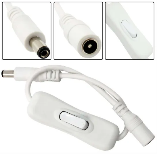 5 Pack of Male to Female DC Power Inline Cable with On Off Switch Jack Connector 5.5x2.1mm for Led Strip Light, CCTV Camera, No Need Soldering