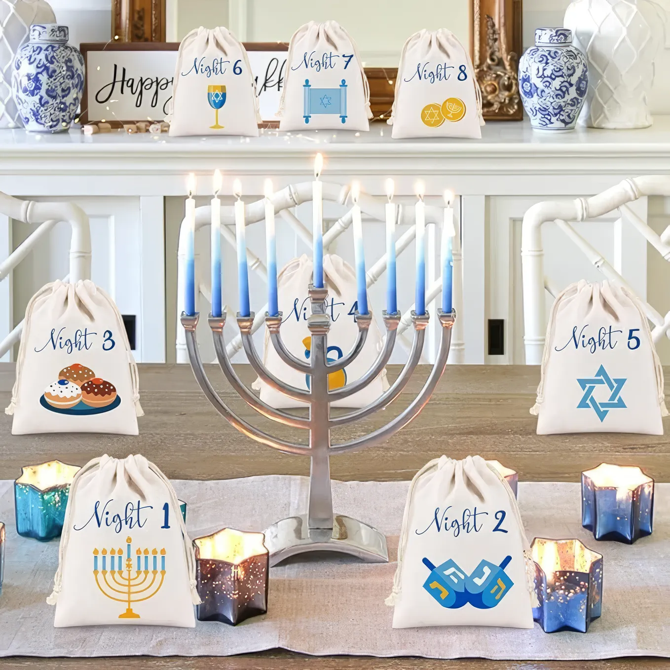 8 Nights of Hanukkah Drawstring Bags - Chanukah Gift - Countdown Calendar Hanukkah Linen Treat Goodie Bags for Kids Festival of Lights Party Favor Bag