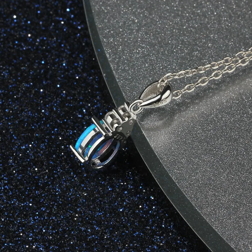 925 Sterling Silver Jewelry Necklace with Oval Blue Opal Stone Pendant, Best Gift for Her