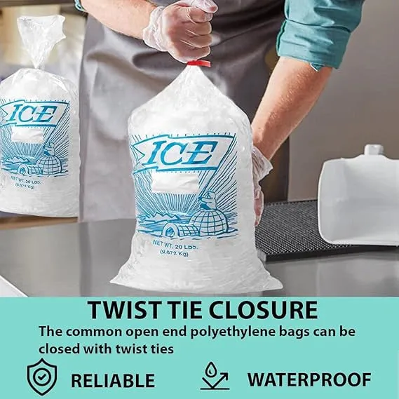 9X18 inches Ice Bags with Twist Ties Printed 1.2 Mil Metallocene (mPE)