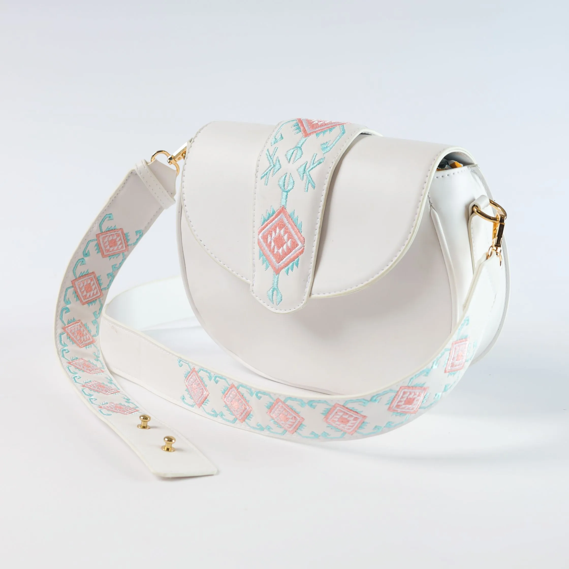 Abstract Embroidered Curved Crossbag - White