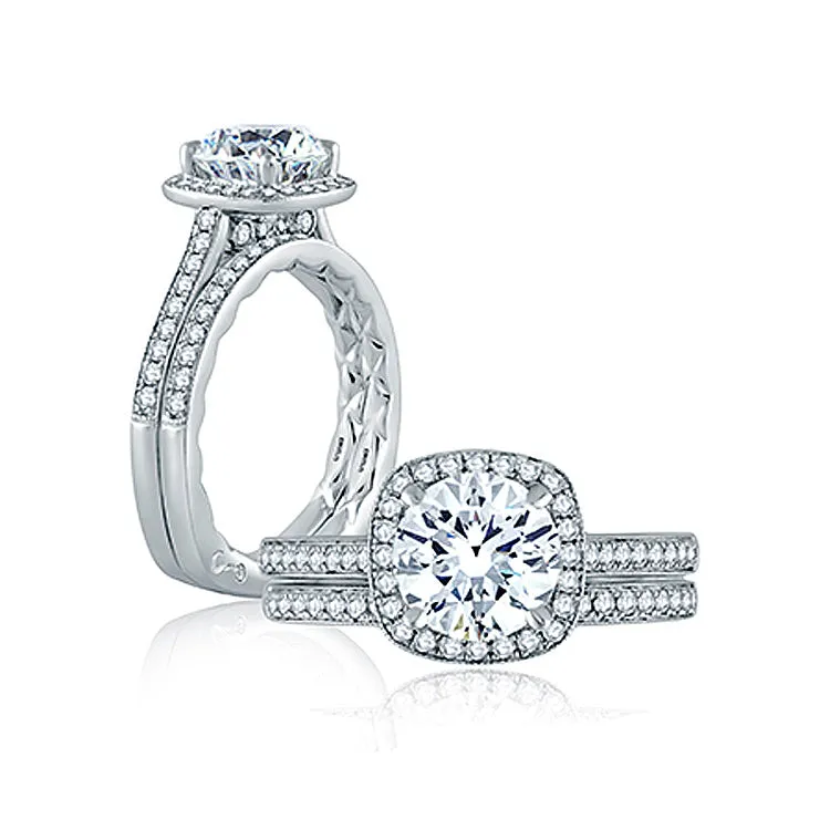 A.JAFFE Intricate Channel Set with Milgrain Detail Cushion Halo Quilted Engagement Ring MES754Q/191