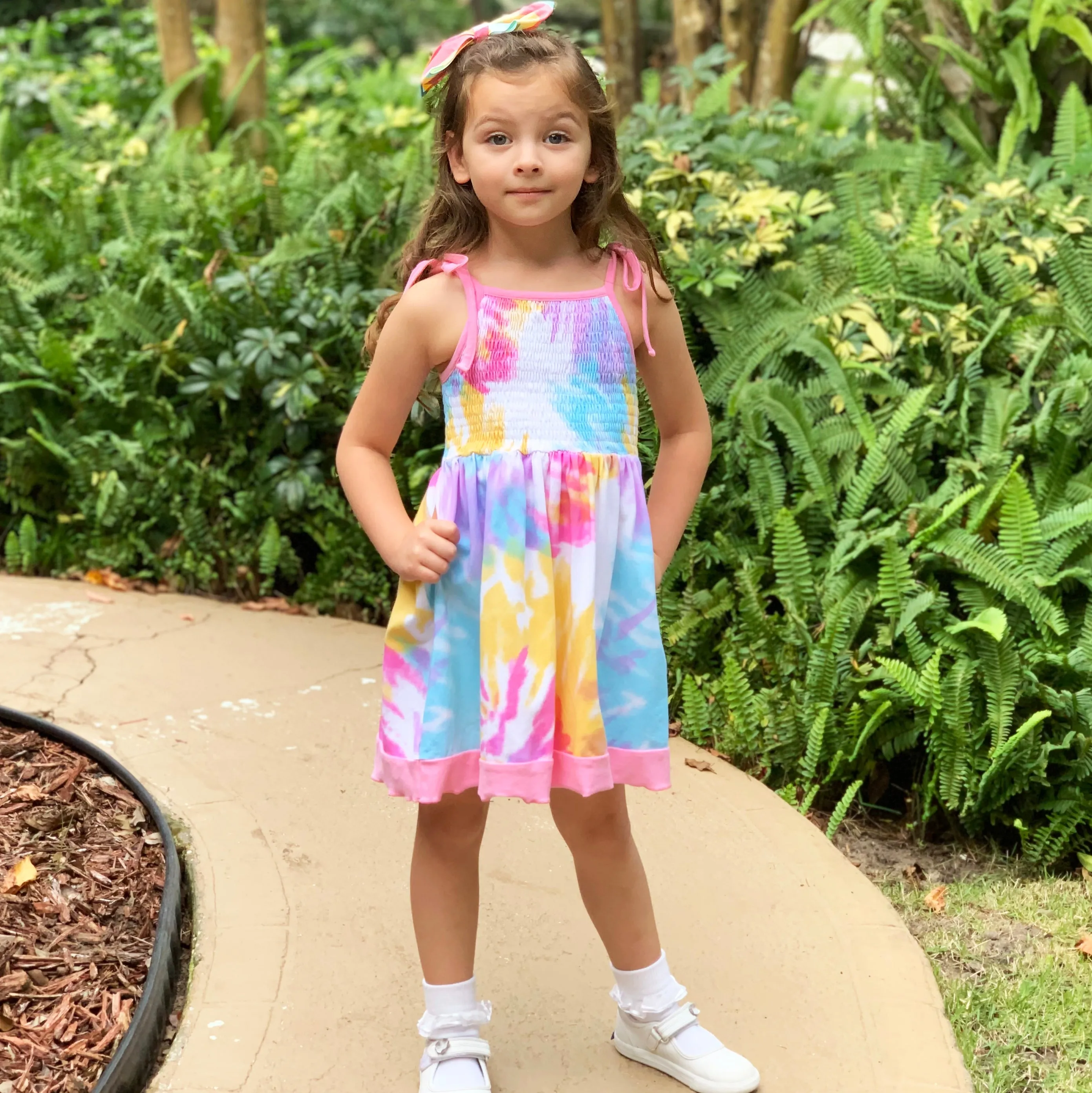 AnnLoren Big Little Girls Pastel Tie Dye Smocked Summer Swing Dress