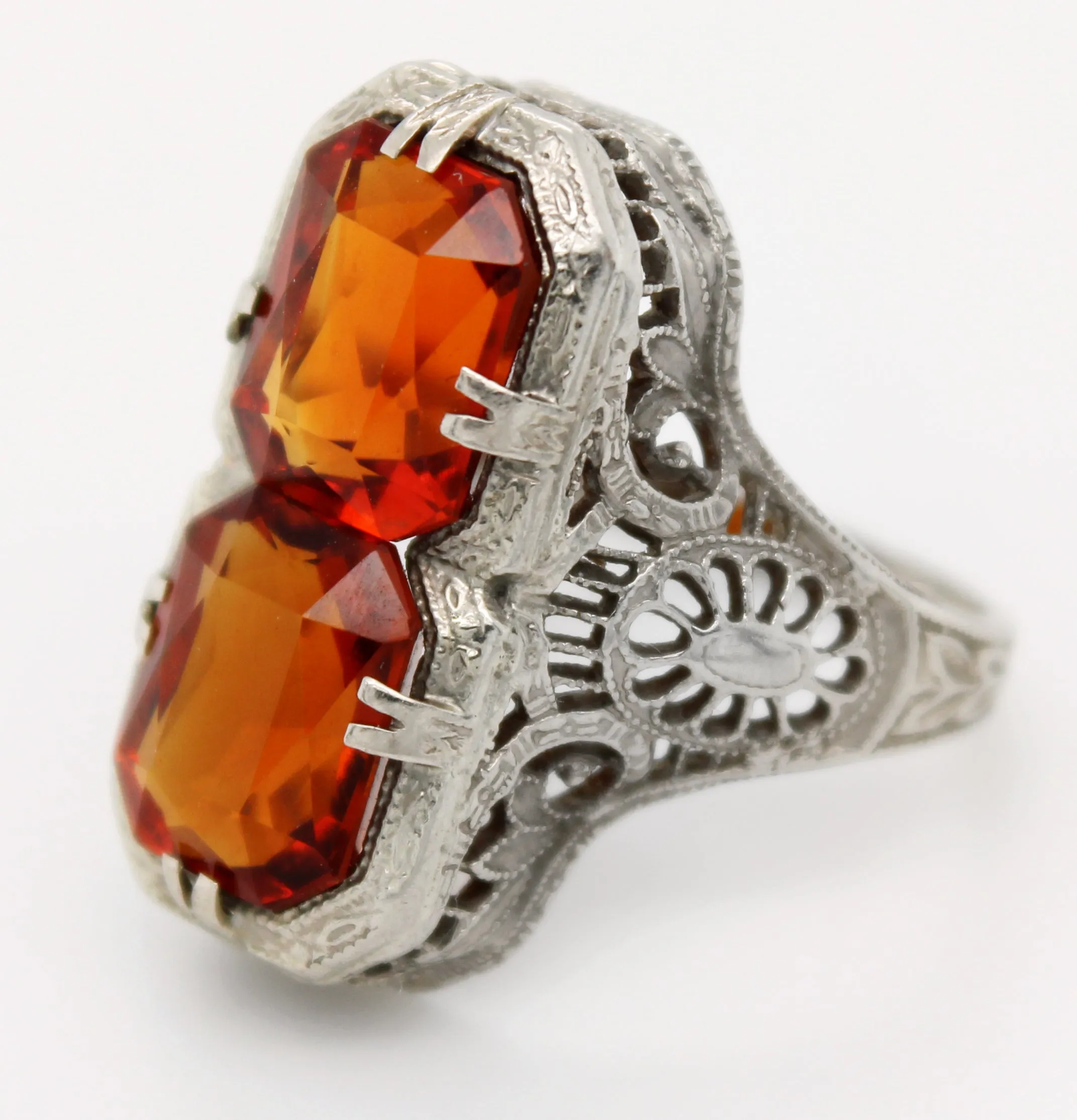 Antique Art Deco PSCO 2.50ctw Citrine Cocktail Ring in 14k White Gold | 3.25