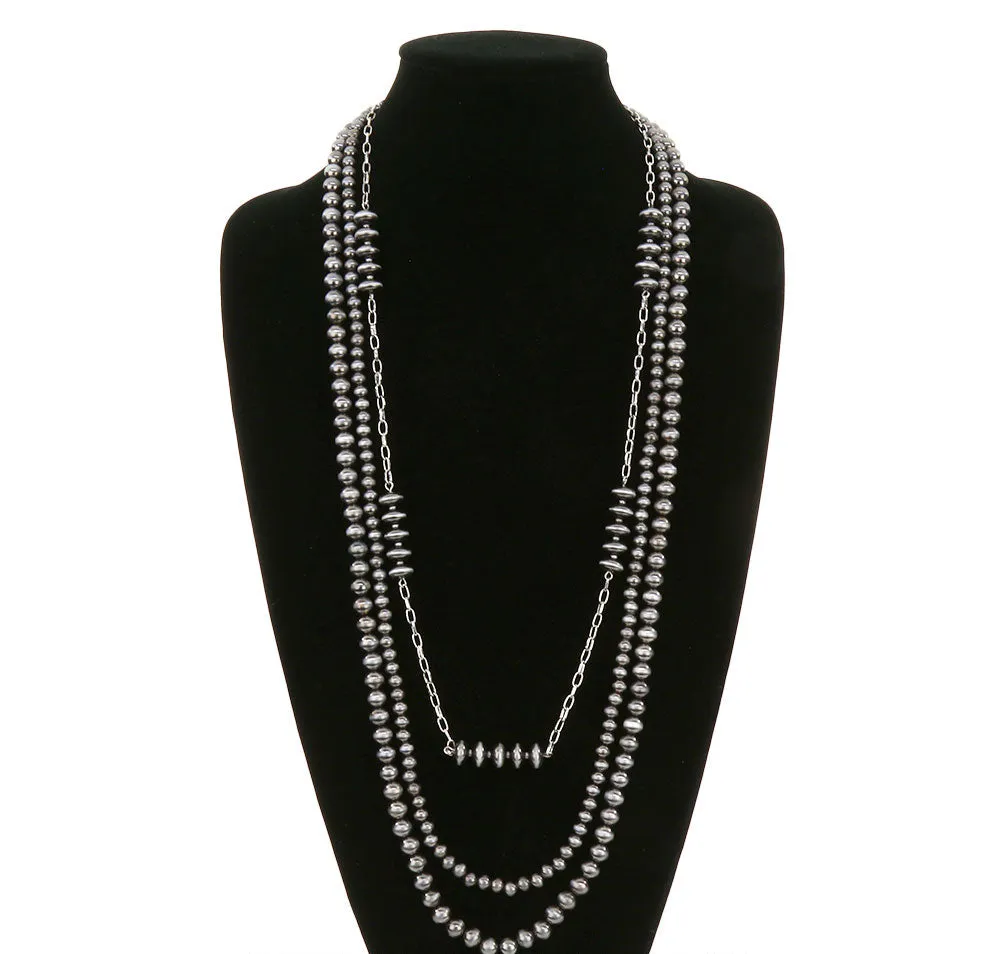 Argona 3 Layer Fashion Navajo & Chain Necklace - Silver