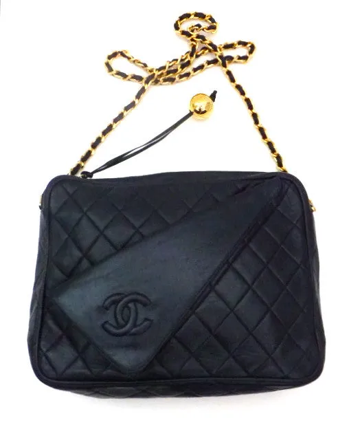 Authentic Chanel Vintage French Navy Quilted Camera Style Handbag
