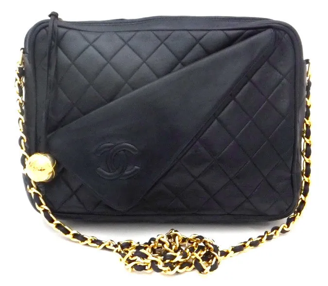 Authentic Chanel Vintage French Navy Quilted Camera Style Handbag