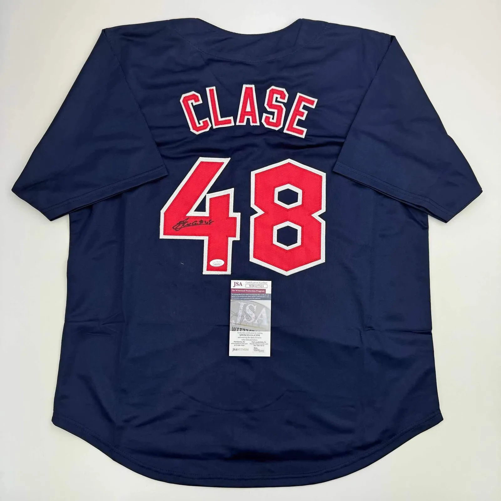 Autographed/Signed Emmanuel Clase Cleveland Blue Baseball Jersey JSA COA
