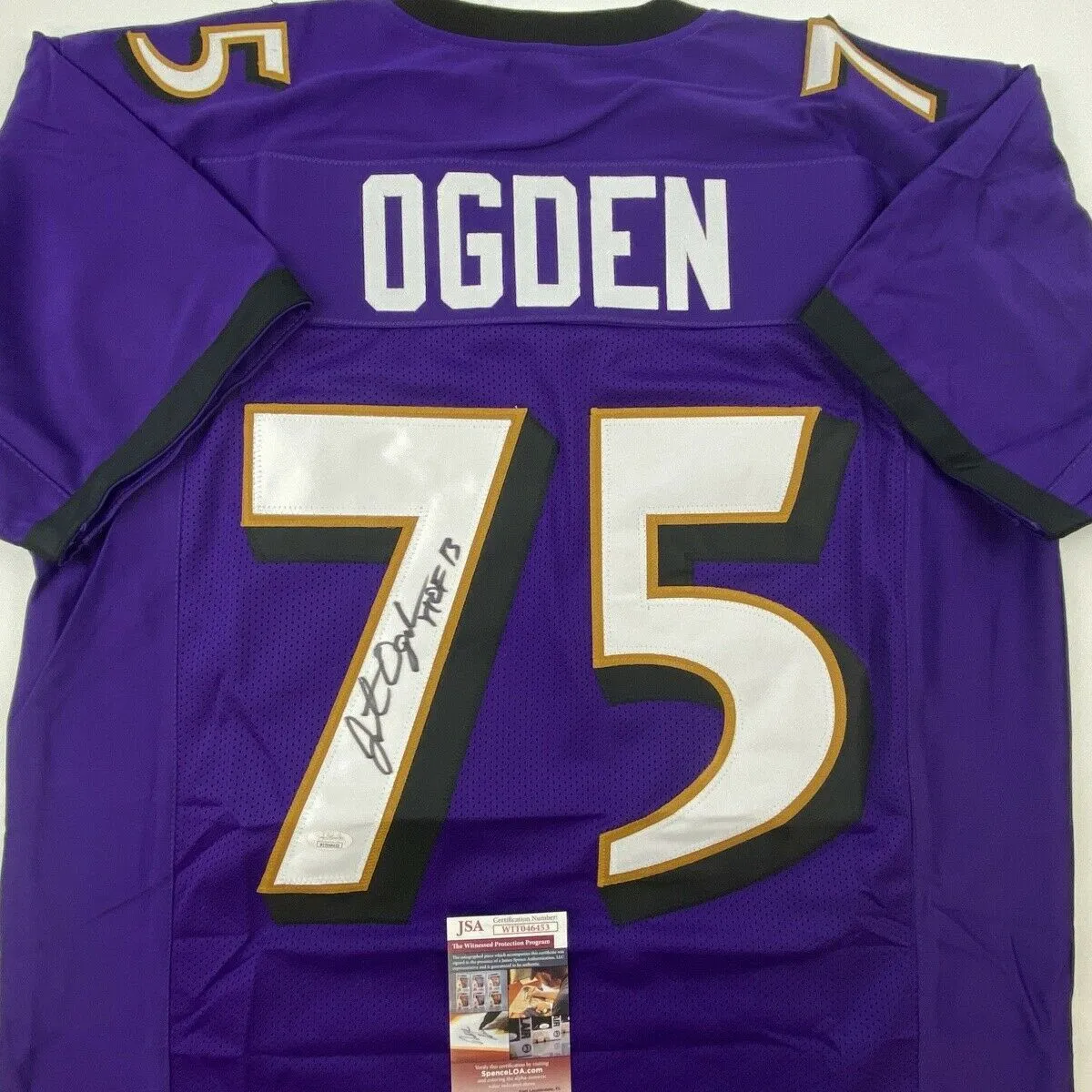 Autographed/Signed JONATHAN OGDEN HOF 13 Baltimore Purple Jersey JSA COA Auto