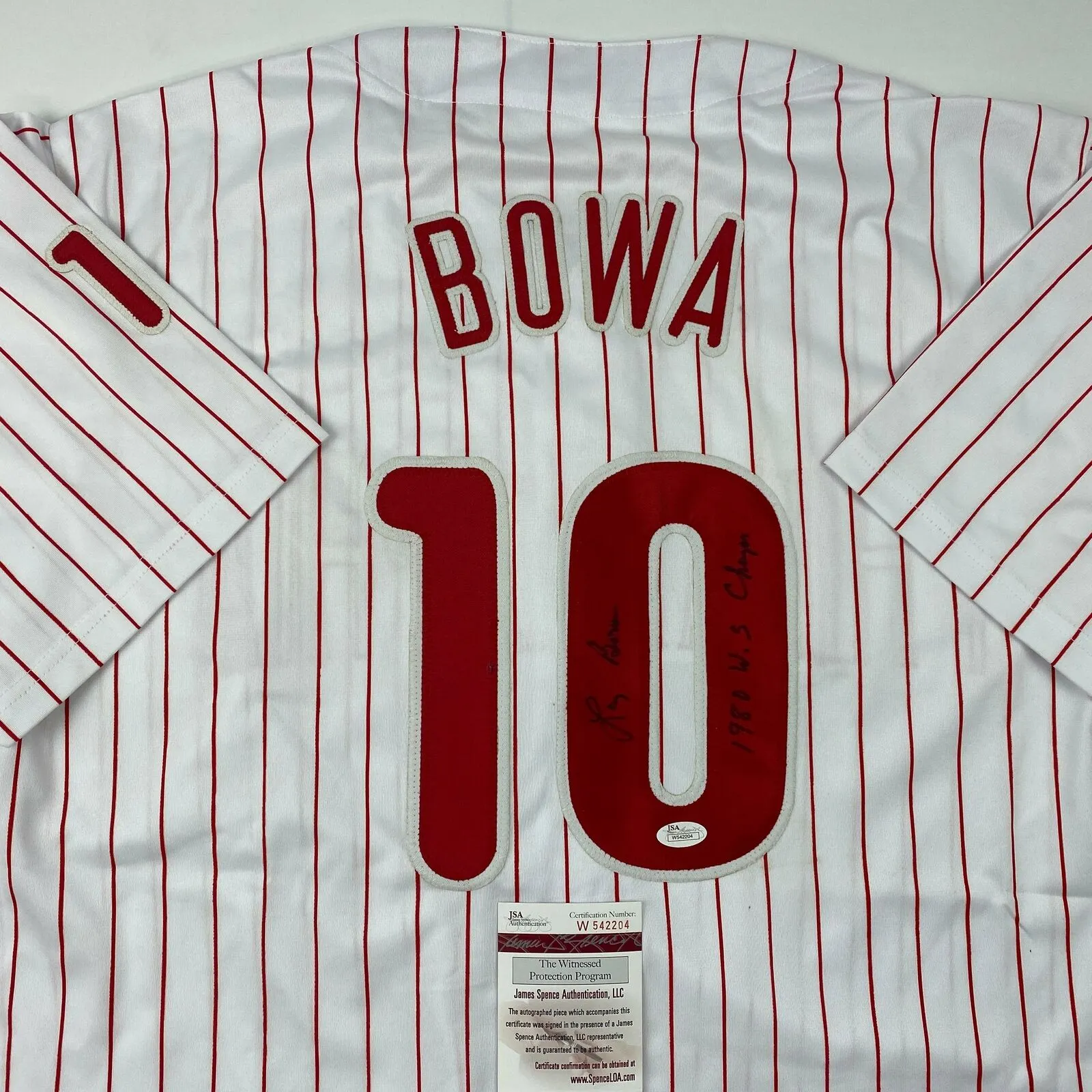 Autographed/Signed Larry Bowa 1980 WS Philadelphia Pinstripe Jersey JSA COA