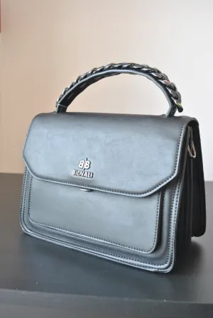 BLACK FAUX LEATHER SATCHEL / CROSSBODY BACK WITH CHAIN DETAILS