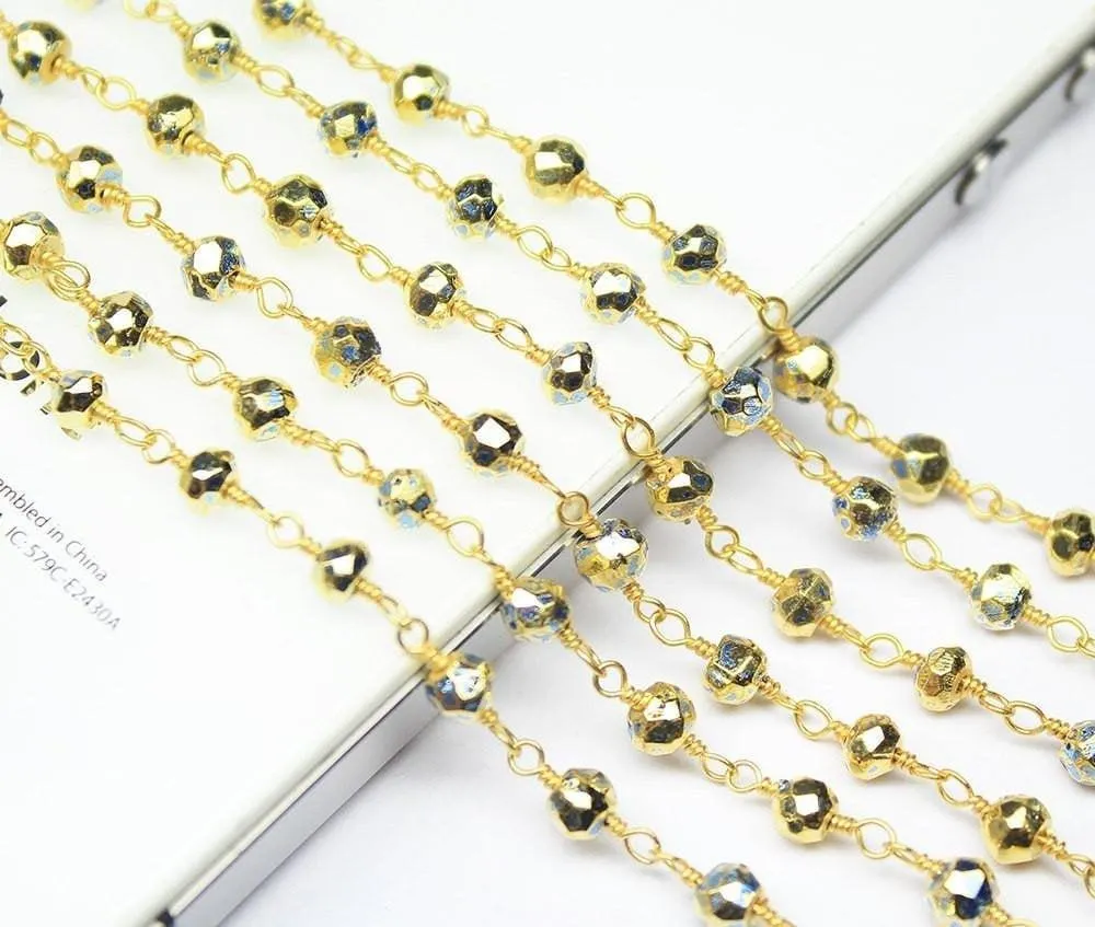 Blue Pyrite Faceted Rondelle Bead Gold Plated Brass Link Chain 5 x 14" 4mm