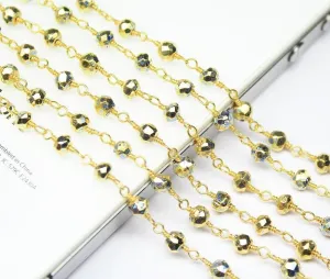 Blue Pyrite Faceted Rondelle Bead Gold Plated Brass Link Chain 5 x 14" 4mm