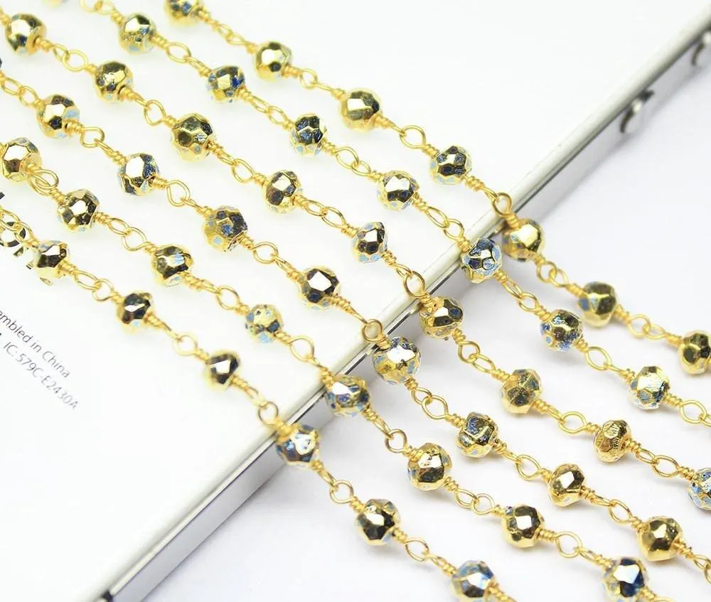 Blue Pyrite Faceted Rondelle Bead Gold Plated Brass Link Chain 5 x 14" 4mm