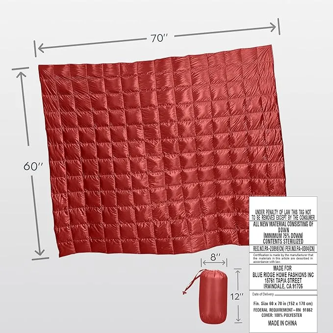 Blue Ridge Home Fashions Down Throw Camping Blanket - Packable Lightweight Down Throw Blanket for Outdoor Travel Hiking Picnic RV, Puffy Warm Blanket 60" x 70" with Carry Bag, 650 Fill Power