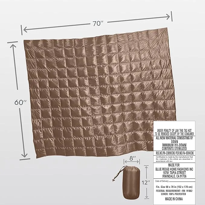 Blue Ridge Home Fashions Down Throw Camping Blanket - Packable Lightweight Down Throw Blanket for Outdoor Travel Hiking Picnic RV, Puffy Warm Blanket 60" x 70" with Carry Bag, 650 Fill Power