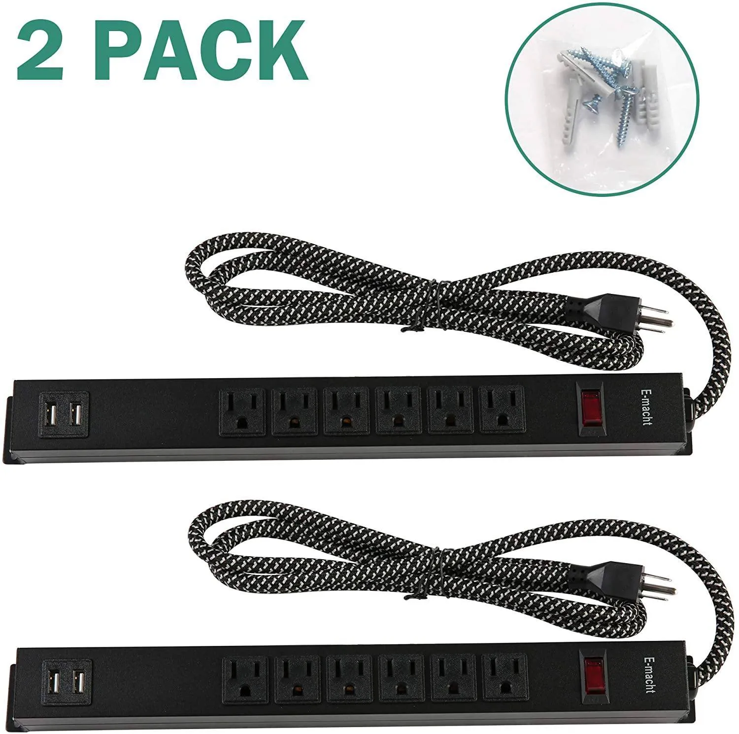 Bosonshop 2 Pack Long Power Strip Surge Protector, 6 Metal Power Outlets 2 USB Ports, 6 ft Long Extension Cord